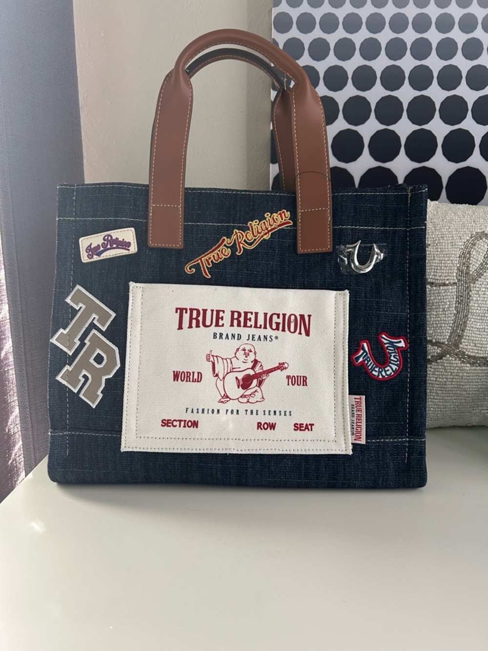 True Religion Dark Denim Patch Tote with Brown Handles